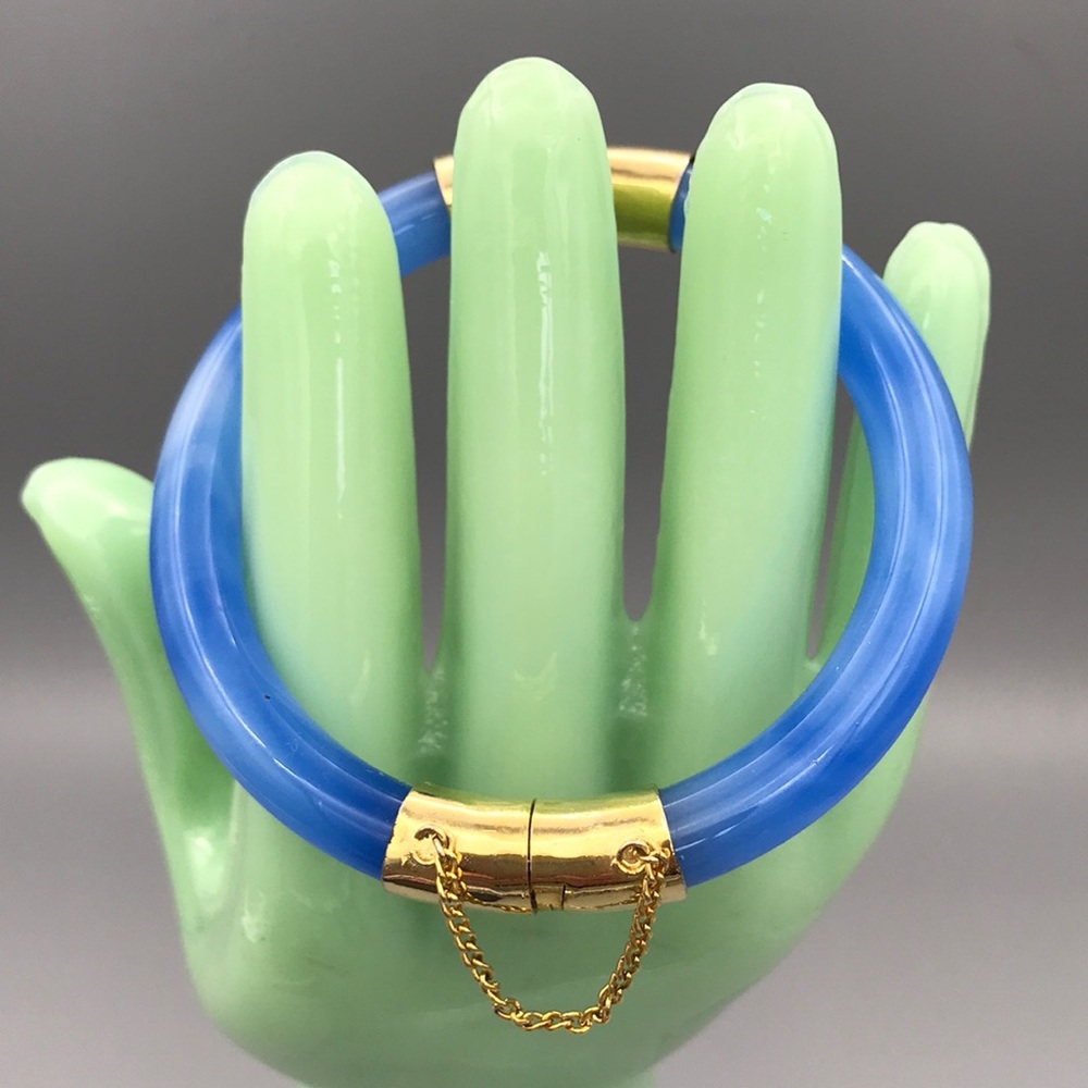 Peking Glass Bracelet Azure Blue with Gold Hinge and Clasp